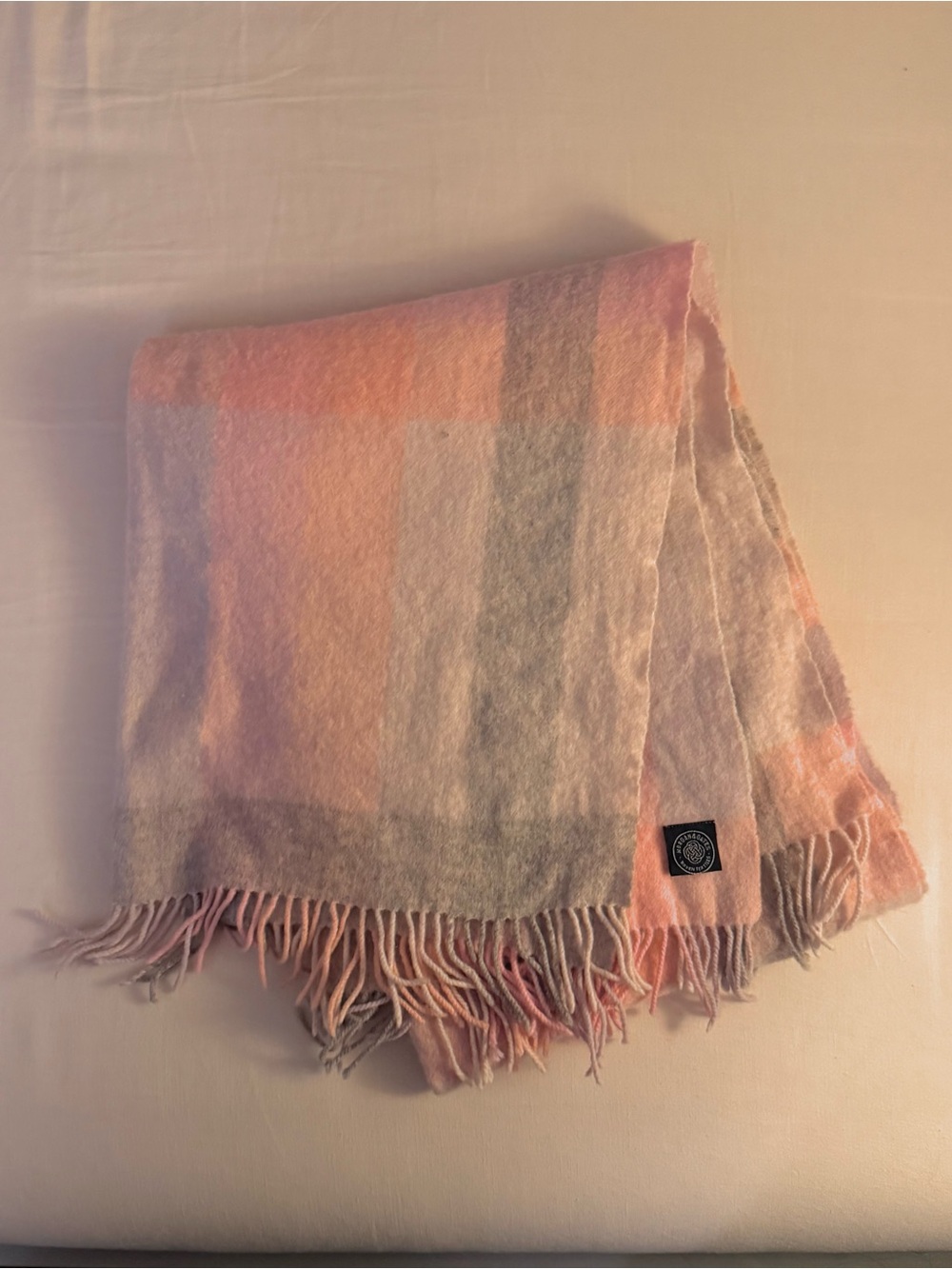 Soft Plaid Fringe wool Scarf in Peach and Gray